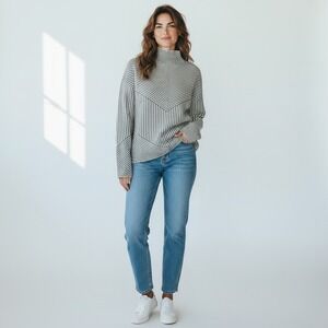 Cynthia Rowley XS Mock Neck Chevron Striped Knit Sweater Taupe White RN75343